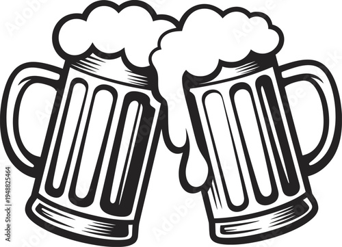 Two black and white vector beer mugs clinking together in a toast with frothy foam overflowing on white background.
