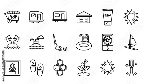Thin line minimal icons for summer leisure, travel, and nature elements