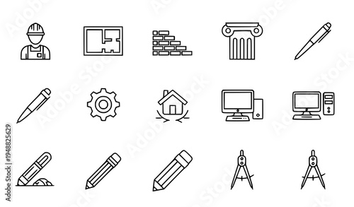 Flat minimal construction and design vector icons with editable strokes