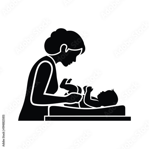 A silhouetted illustration depicts a mother tenderly attending to her baby on a changing table