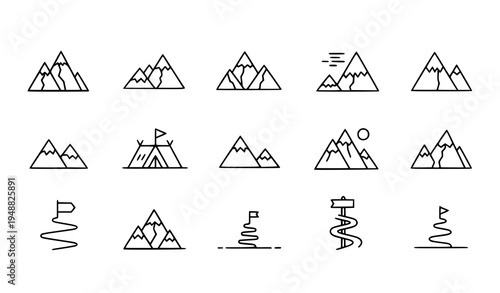 Editable line mountain icons for travel, outdoor, and hiking designs