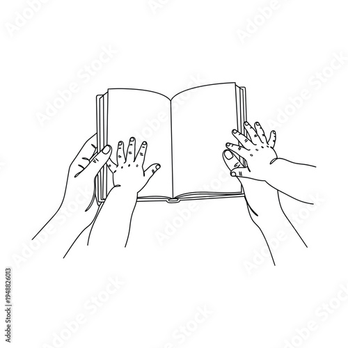 A minimalist line drawing depicts two sets of hands reading an open book high quality professional