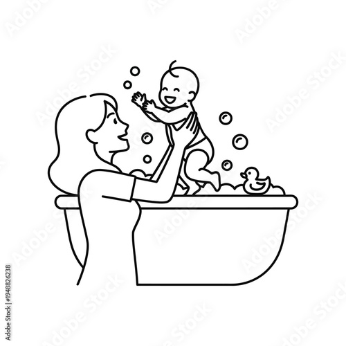 A mother and baby share a joyful moment during bath time surrounded by bubbles and a rubber duck