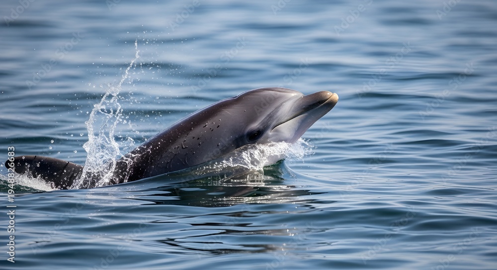 Fototapeta premium Energetic dolphin leaping partially above ocean water creating splashes during playful movement