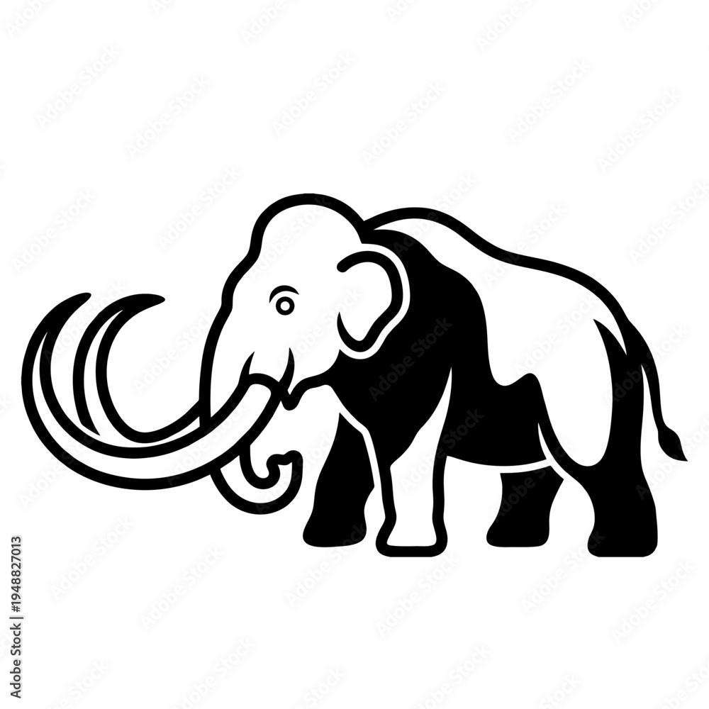 Fototapeta premium Flat Mammoth Silhouette Logo, Side View, Large Tusks, Simple Design