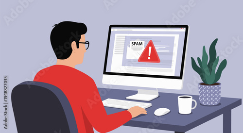 A Man Working on Computer with Spam Alert Vector Illustration, Technology Concept