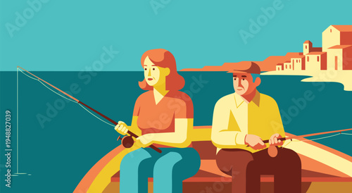 Couple fishing in a boat on a calm sea with a coastal town in the background, a flat vector illustration