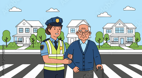 Vector illustration of a police officer assisting an elderly man crossing the street safely, representing community support and care