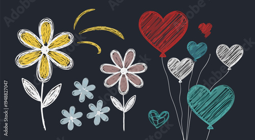 Chalkboard flower and heart balloons vector illustration, simple and charming design for playful themes
