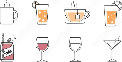Set of different drink glasses including beer wine cocktail and beverage cups in simple vector style suitable for bar cafe and restaurant icons