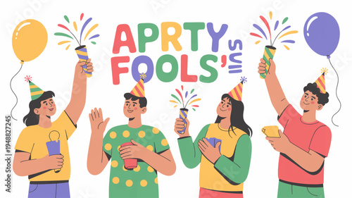 People celebrating april fools' day with colorful balloons and party poppers festive atmosphere