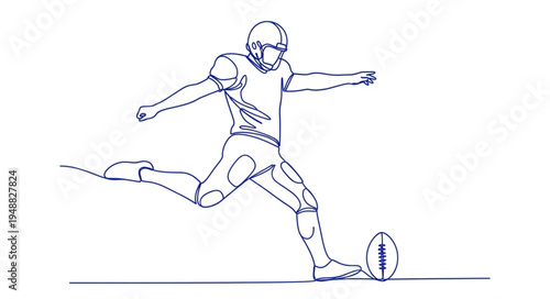 American Football Player Kicking Ball Line Drawing.