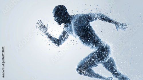 Abstract digital rendering of a running human figure composed of blue particles, symbolizing speed and energy.