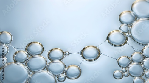 Abstract background of clear blue transparent liquid with interconnected golden bubbles and droplets