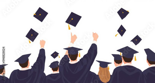 A group of diverse university students in academic gowns celebrate their success by holding a graduation cap and diploma to represent a major education achievement and degree