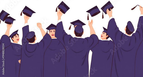 A smiling group of diverse university students in academic gowns and graduation caps celebrates their success and degree achievement with diplomas during a college ceremony
