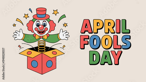 Colorful clown popping out of a box on april fools' day with a cheerful expression and confetti
