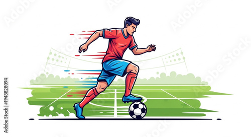 Soccer Player Kicking Ball on Field.