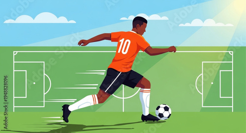 Soccer Player Dribbling Ball on Field.