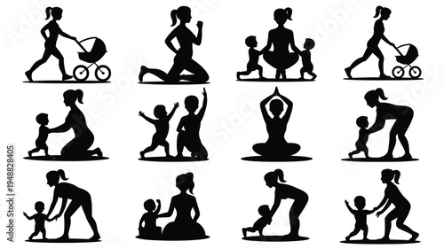 Black silhouettes of mothers and children engaging in various activities and exercises together