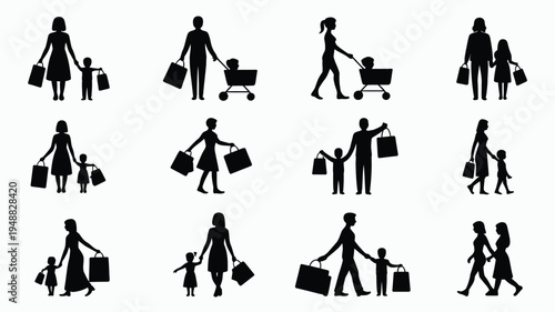 Vector illustration of people with shopping bags and carts in various poses on white background