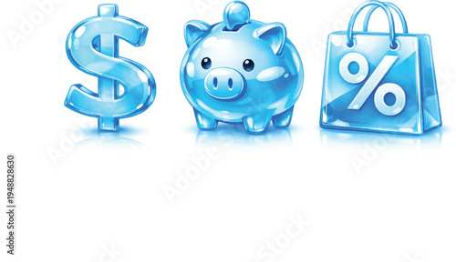 A blue dollar sign, piggy bank, and shopping bag with a percent sign on a transparent background