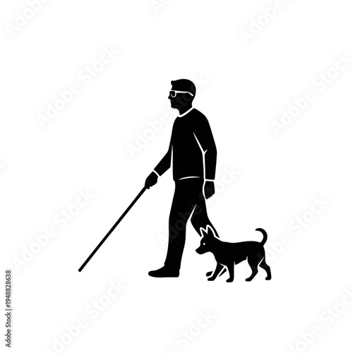 Blind Man Walking with Guide Dog and White Cane Silhouette Vector Illustration