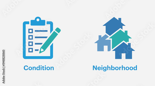 Vector graphic illustration of condition and neighborhood icons for real estate