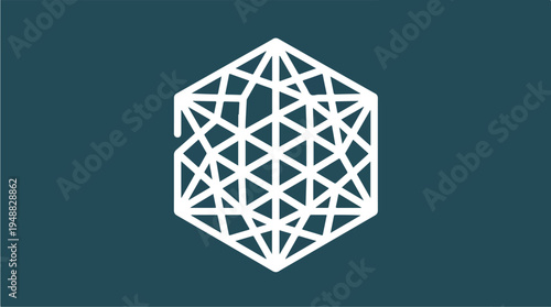 White geometric shape on blue.