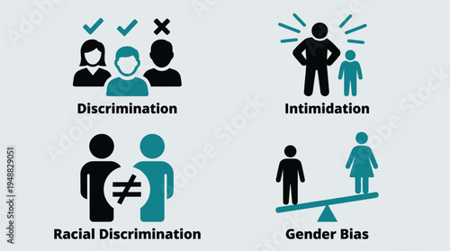 Vector graphic illustration of workplace harassment and discrimination concepts including discrimination intimidation racial discrimination and gender bias using simple human silhouettes