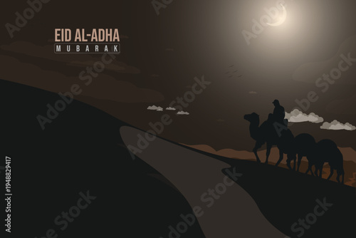 Islamic Festival Eid Al-Adha Banner with Moon and Desert Landscape Illustration.