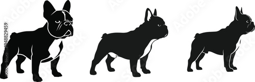 Collection of six black dog silhouettes in various poses and collars