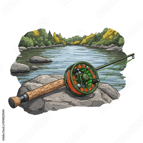 Fly fishing rod and reel on a rocky river bank with forest background in hand drawn vintage style
