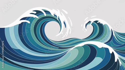Large ocean waves crashing with blue and white hues on a light grey background depicting a powerful sea motion
