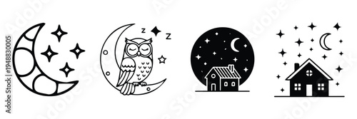 Half moon icon set. Crescent, moon with stars, night sky symbol on white background - stock vector.