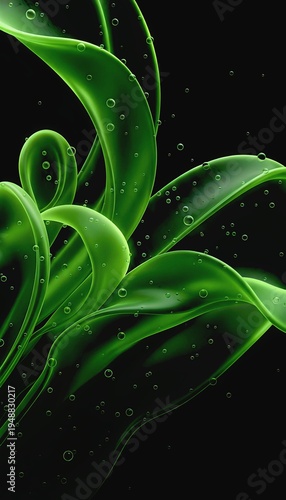 Abstract Green Fluid Shapes with Bubbles