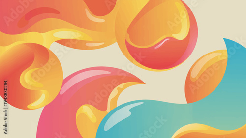 Vibrant abstract shapes in red orange and blue hues on beige background creating dynamic artistic composition