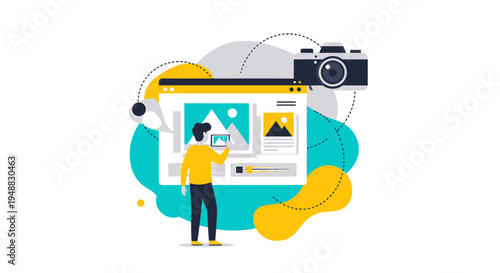 A creative agency team member interacts with a digital graphic design project on a large screen surrounded by photography and illustration tools.