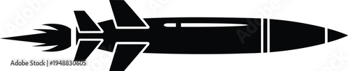 "Black silhouette illustration of rocket or missile in horizontal flight with pointed nose cone, stabilizing fins, and exhaust flames showing propulsion, speed, and aerospace technology"