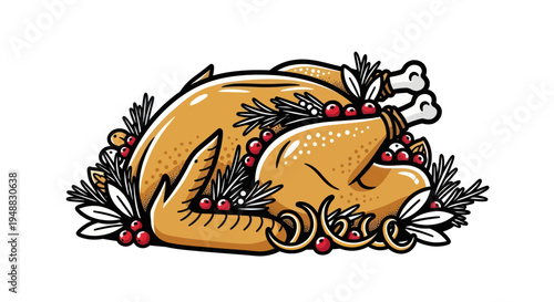Roasted Turkey with Herbs and Berries - Festive Food Illustration