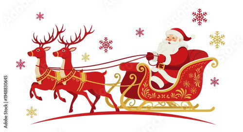 Santa Claus Sleigh Ride with Reindeer and Snowflakes