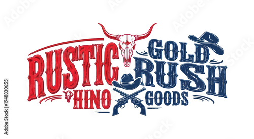 Rustic Rhino Gold Rush Goods Cowboy Western Style Logo with Skull and Guns