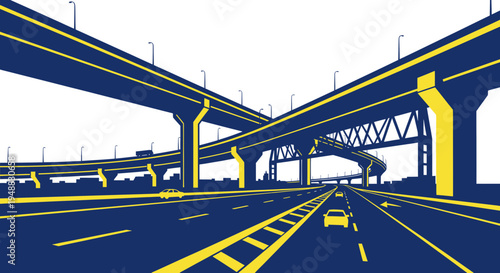 Modern Highway Overpasses and Traffic Flow with Cars