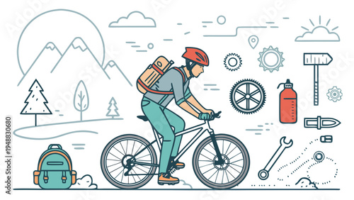 Dynamic line art illustration of an outdoor cycling adventure, featuring a rider with essential gear, scenic mountains, and various bike repair tools for an active lifestyle
