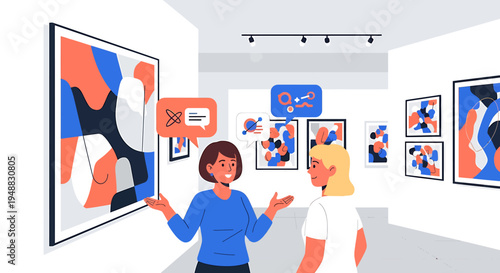 creative agency team discusses vibrant artwork at gallery exhibition event