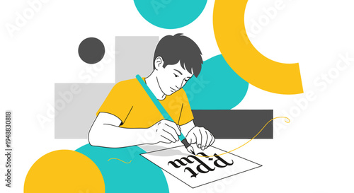 A creative agency team member works on an illustration project with colorful shapes.