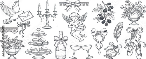  Hand drawn wedding ceremony illustrations. Wedding icons in victorian, baroque or rococo style with whimsy elegant ornaments and lace decorations. Trendy romantic elements for invitations and menus.