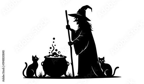 Halloween Witch Stirring Cauldron with Black Cats Silhouette Cut File Vector