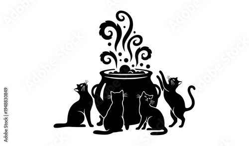 Spooky Witch Cauldron with Black Cats Halloween Silhouette Vector Design