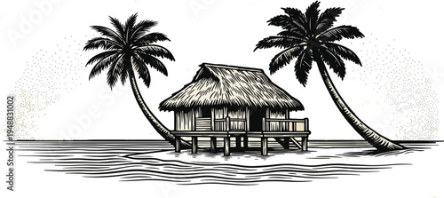 Tropical hut sketch with palm tree in rough line style. Chalk isolated exotic island hut for beach travel graphics, vacation posters and cards, t shirt design. Hand drawn vector Hawaii illustration.